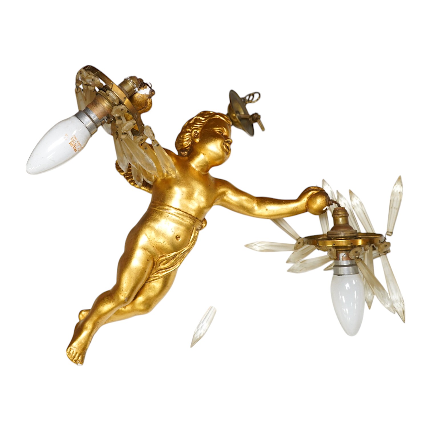 A gilt plaster hanging ‘cherub’ light fitting, 33cm long. Condition - fair